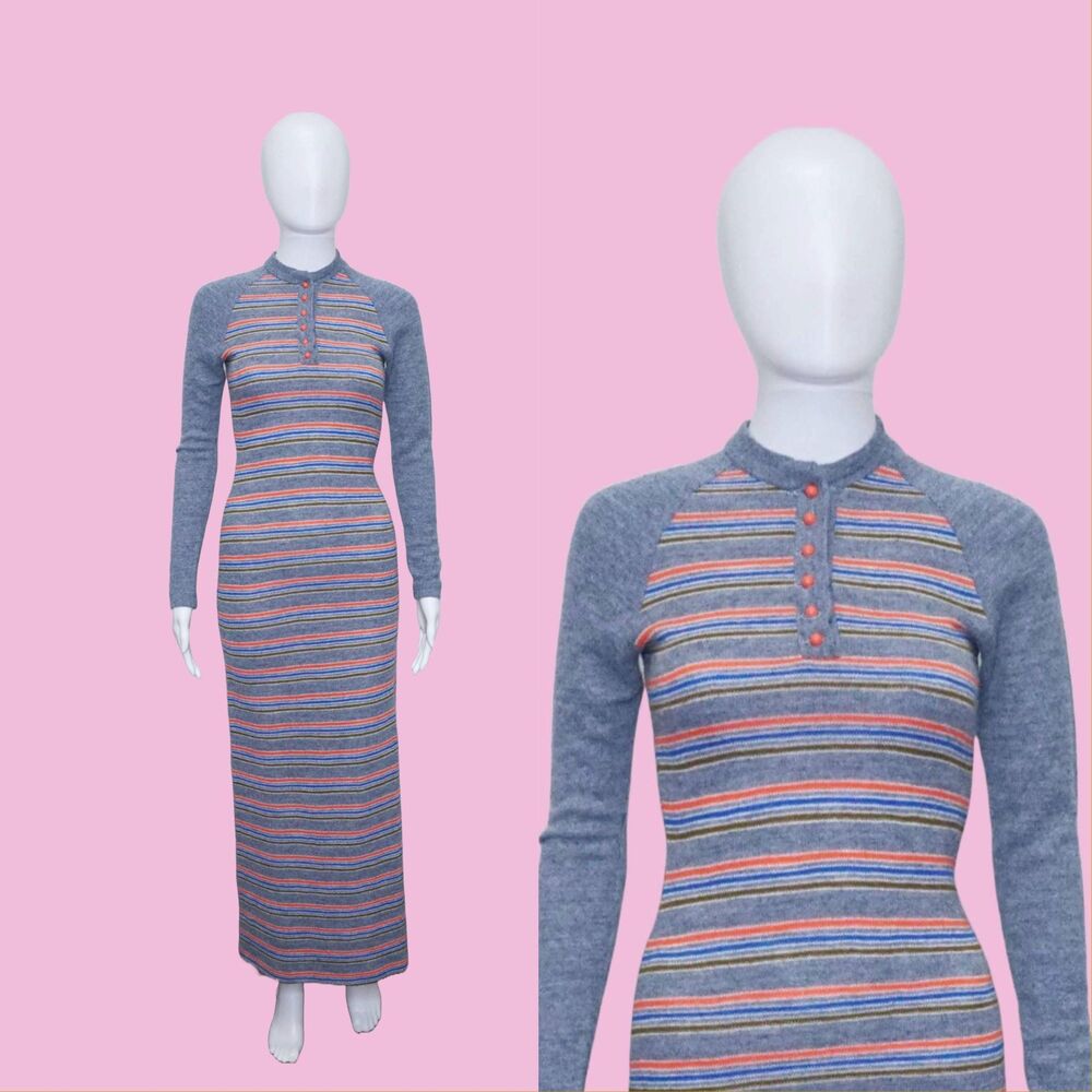 1960s-1970s LANZ ORIGINAL. Long Sleeve Striped. Maxi Sweater Dress. XS-S. As Is